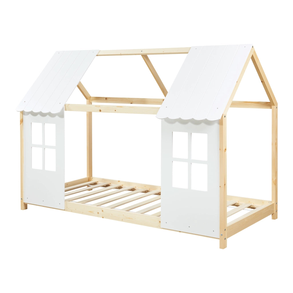 Letto Tostedt per Cameretta a Forma di Casetta Semiaperta 90 x 200 cm Naturale / Bianco [en.casa]