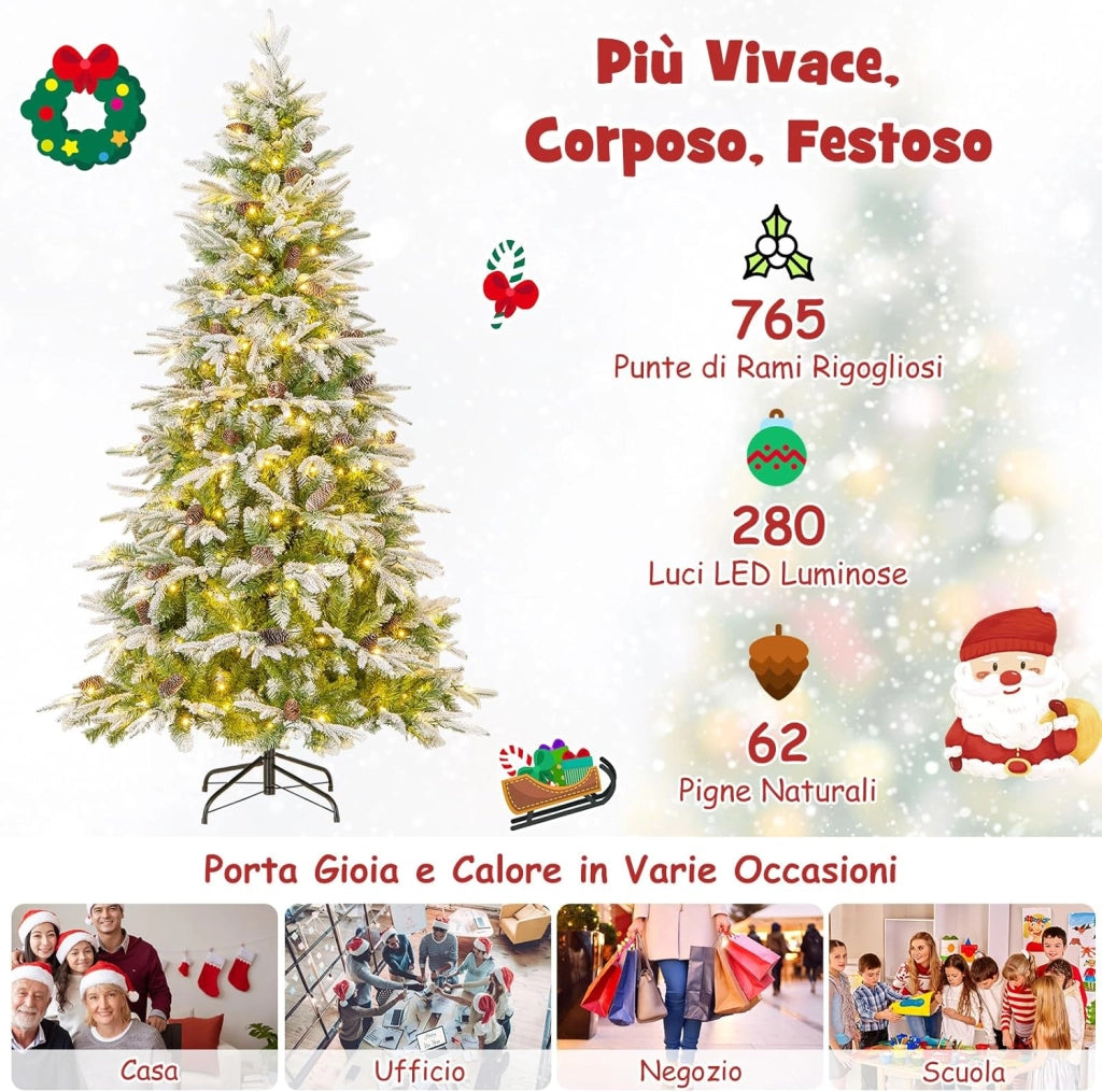 Albero di Natale Artificiale Pre-Luminoso 190/225 CM, Albero di Natale Innevato con 280/470 Luci LED Bianche Calde, 765/1135 Punte, 62/81 Pigne e Base Metallica (190 CM)