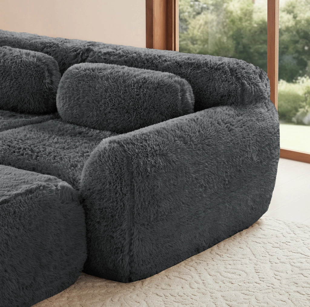 Divano angolare modulare con base antiscivolo in peluche grigio