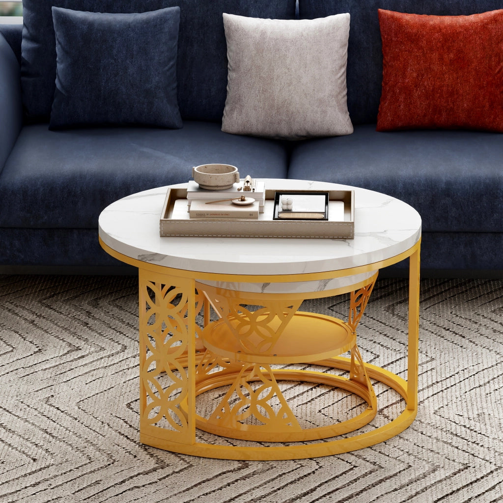 TAVOLINO DA CAFFÈ Set 2 Pezzi 70x70x45 cm Effetto Marmo Bianco con Struttura Color Oro