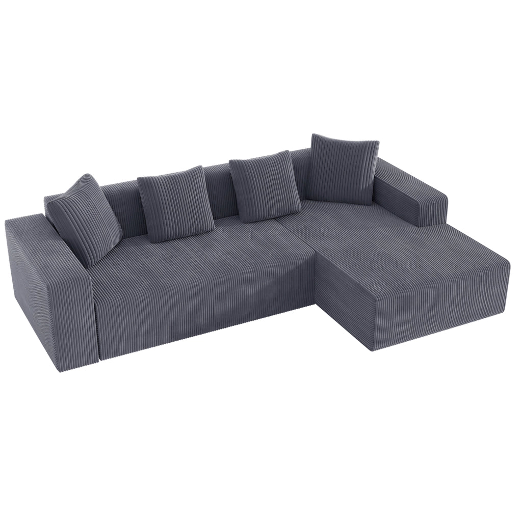 Divano modulare 3 posti con chaise longue in velluto a coste grigio; 261x146x65 cm
