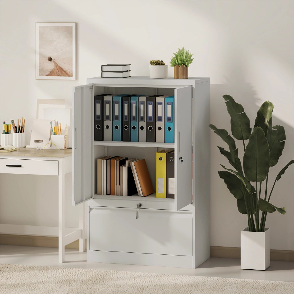 Armadietto da Ufficio 80x40x130 cm con Ripiano Interno e Cassetto in Acciaio Bianco