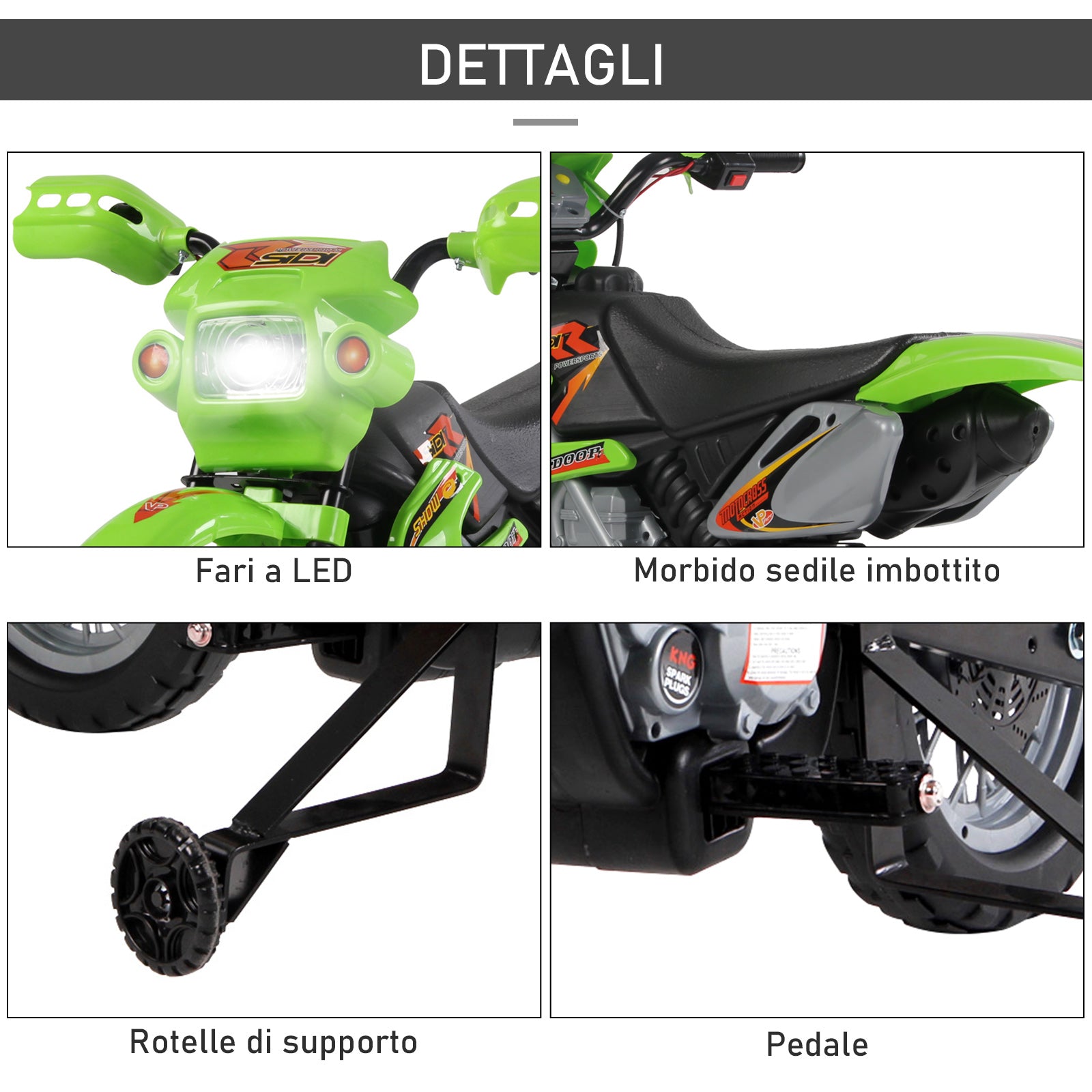 Easycomfort Moto Cross Elettrica con Rotelle Verde per Bambini 3 anni e più, Batteria 6V Velocità 2.5km/h, 102 x 53 x 66cm