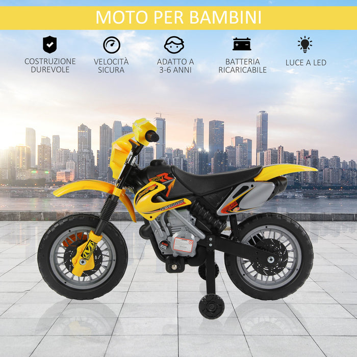 Easycomfort Moto Cross Elettrica con Rotelle Giallo per Bambini 3 anni e più, Batteria 6V Velocità 2.5km/h, 102 x 53 x 66cm