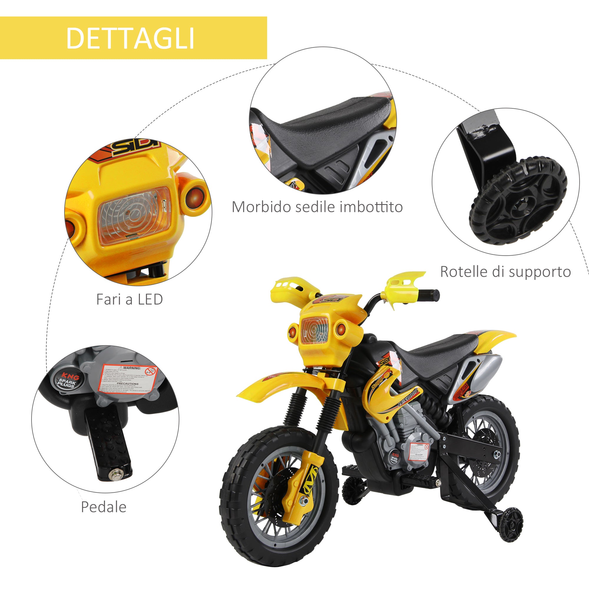 Easycomfort Moto Cross Elettrica con Rotelle Giallo per Bambini 3 anni e più, Batteria 6V Velocità 2.5km/h, 102 x 53 x 66cm