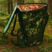 Zaino portafunghi verde mimetico con cesta Gerla in vimini per raccolta castagne