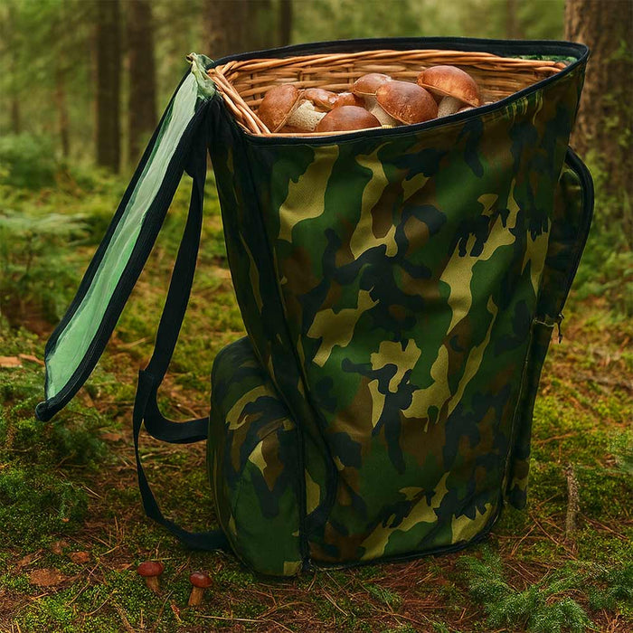 Zaino portafunghi verde mimetico con cesta Gerla in vimini per raccolta castagne