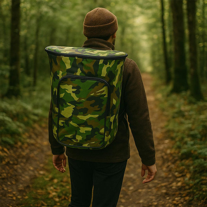 Zaino portafunghi verde mimetico con cesta Gerla in vimini per raccolta castagne