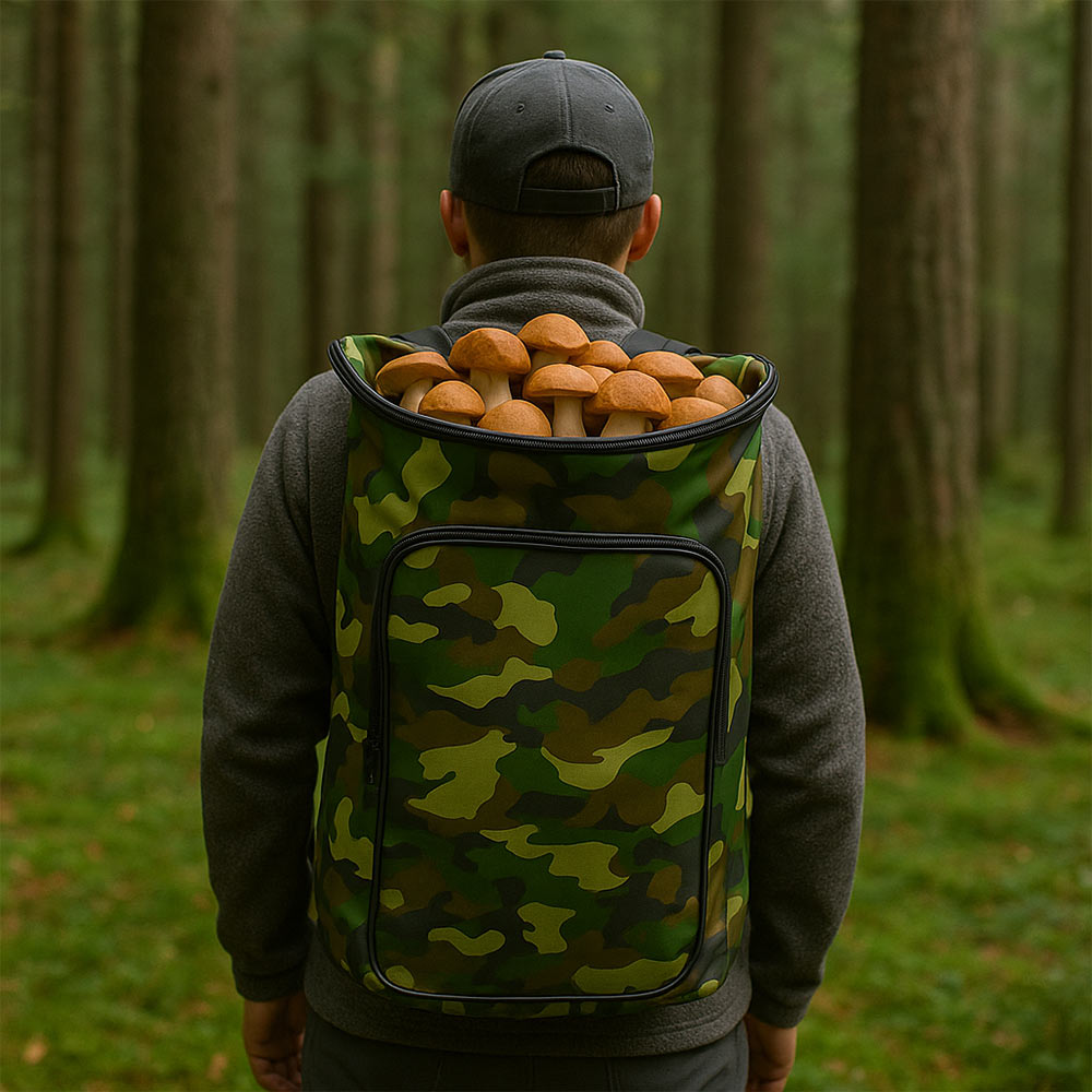 Zaino portafunghi verde mimetico con cesta Gerla in vimini per raccolta castagne