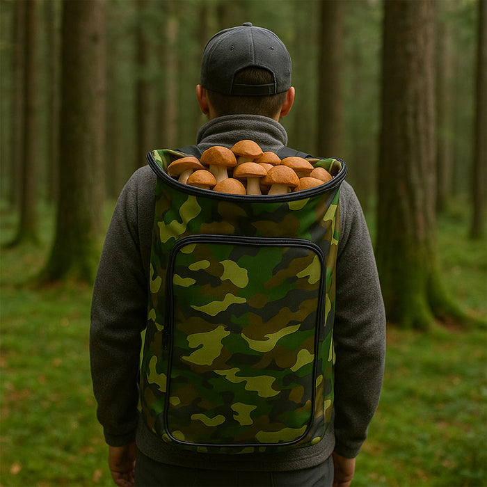Zaino portafunghi verde mimetico con cesta Gerla in vimini per raccolta castagne