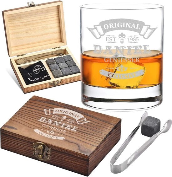 Set di Gel di Whisky - 5 pezzi con Cassa in Legno e Bicchiere Personalizzato - Ideale per Whisky, Scotch e Gin - Regalo Originale per Compleanno