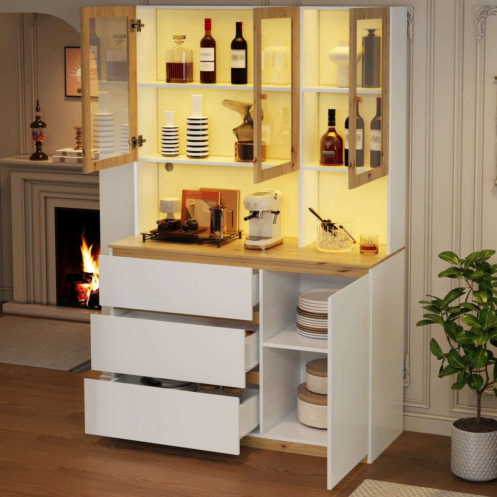 Vetrina alta con LED, 1 anta, 3 cassetti e vani aperti, per soggiorno e cucina, in MDF, bianco e rovere, 120 × 200 cm