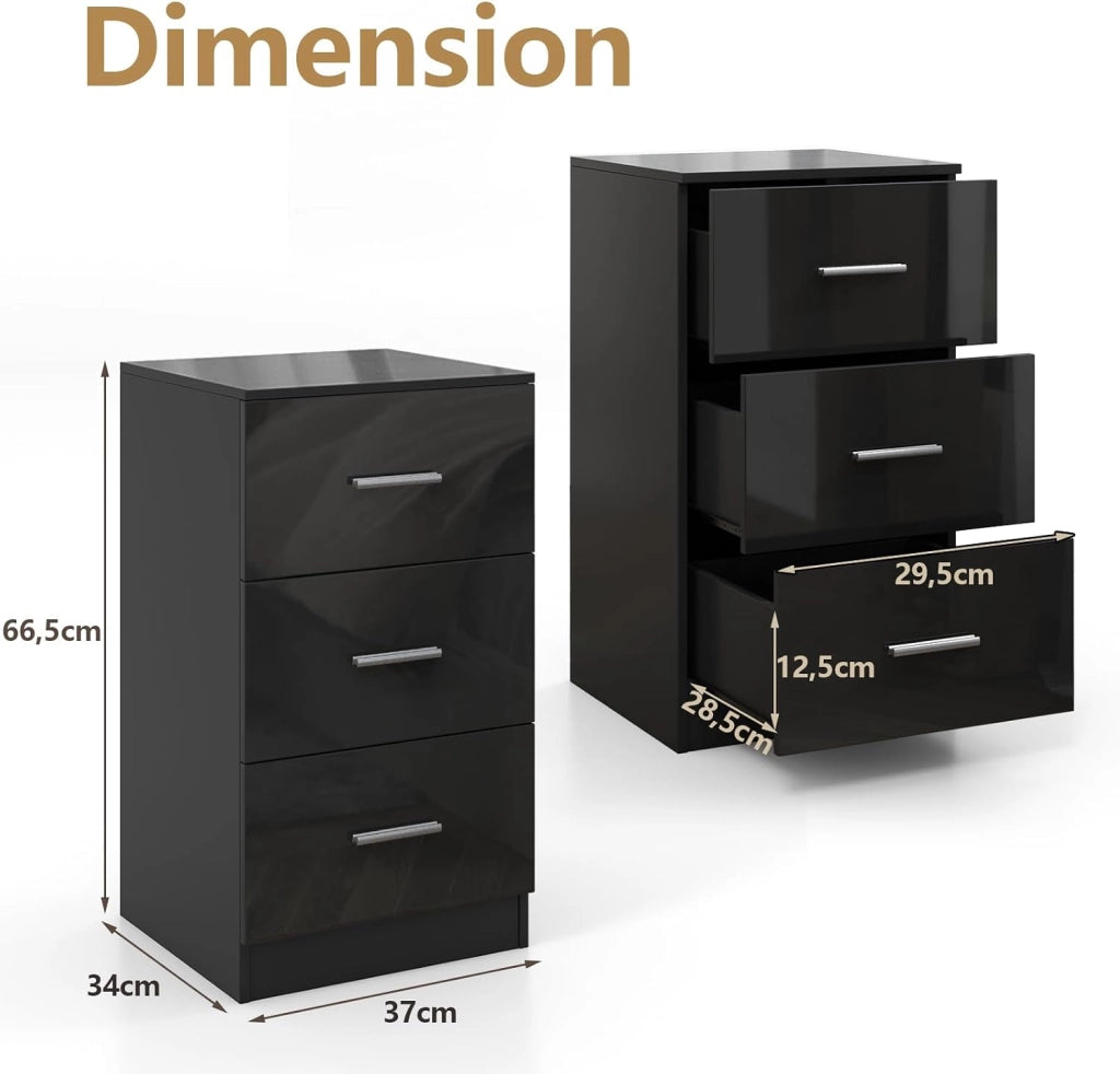 Comodino con 3 cassetti, comodino in legno, tavolino piccolo, cassettiera per camera da letto, ufficio, 37 x 34 x 66,5 cm (2, nero)