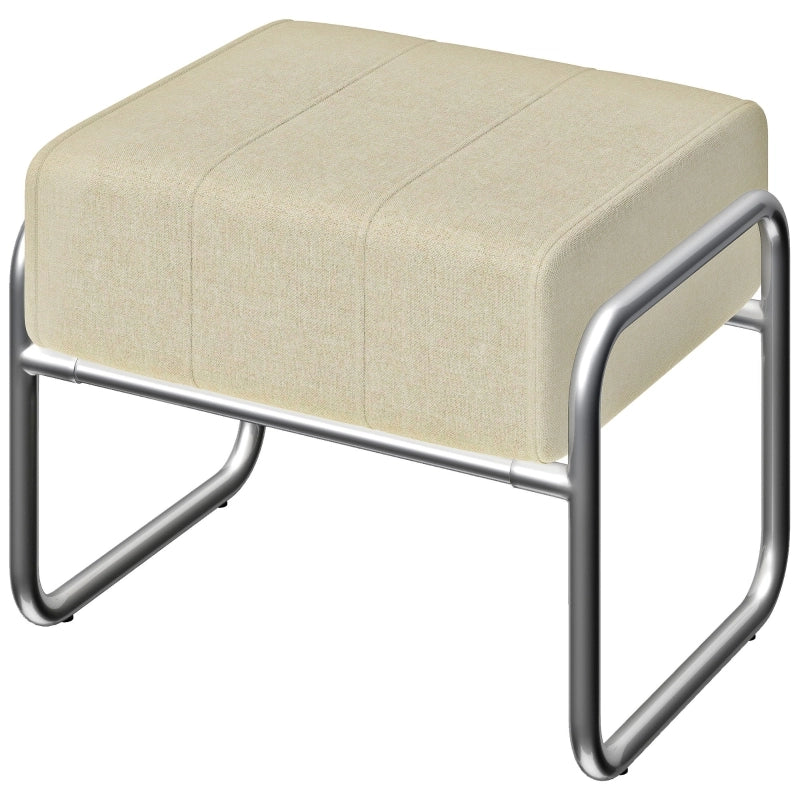 Pouf poggiapiedi imbottito in tessuto Chenille beige con struttura in acciaio, 49×43×28 cm
