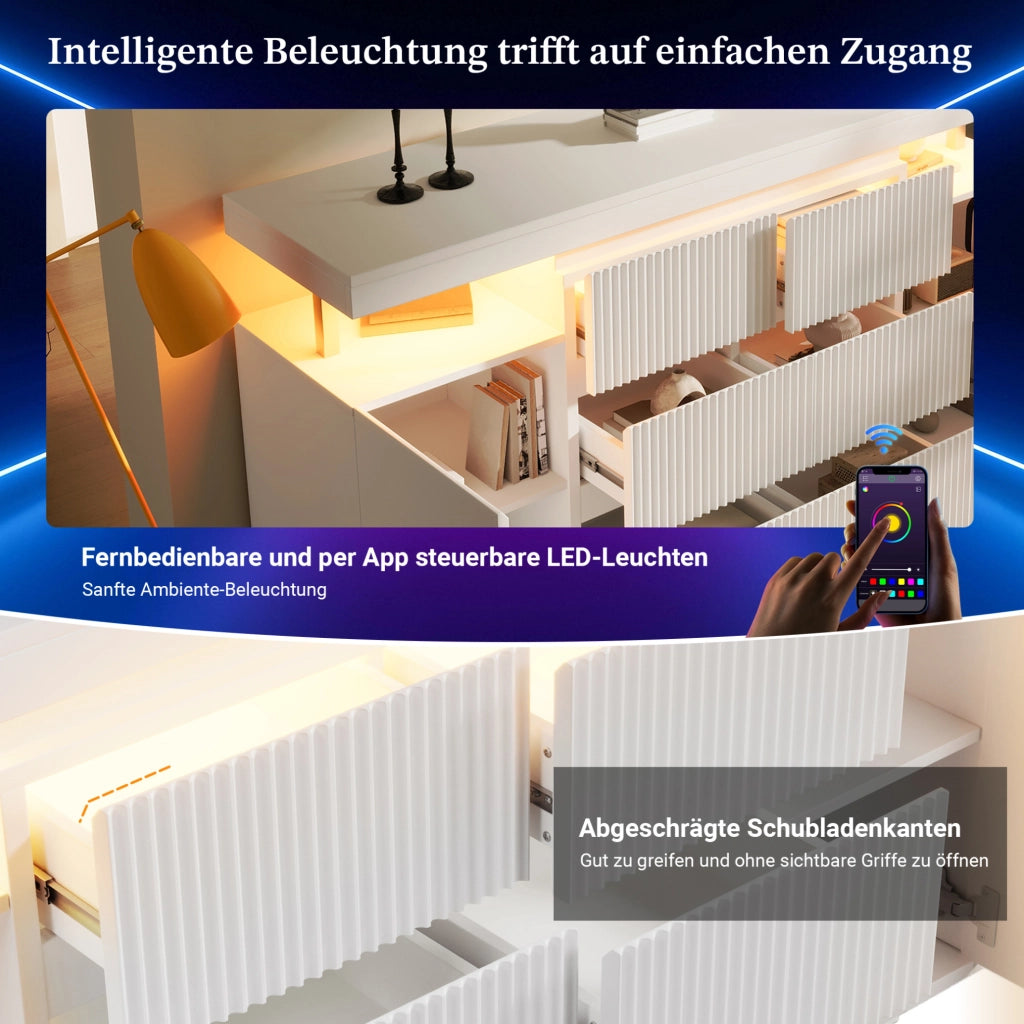 Credenza moderna con illuminazione LED 150x40x78 cm; bianca in MDF e metallo
