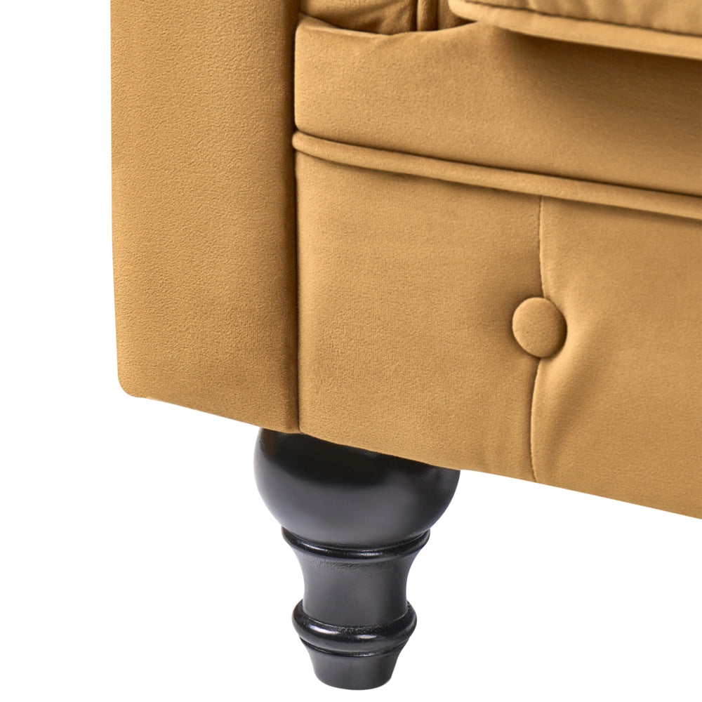 Divano Chesterfield Tessuto Velluto Dorato Rivestimento Gambe Nere 3 Posti