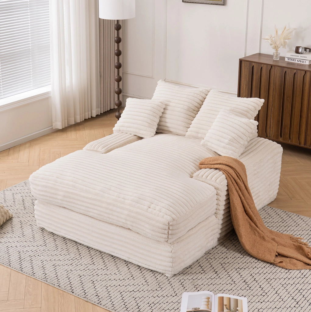 Chaise longue in velluto a coste beige con 4 cuscini
