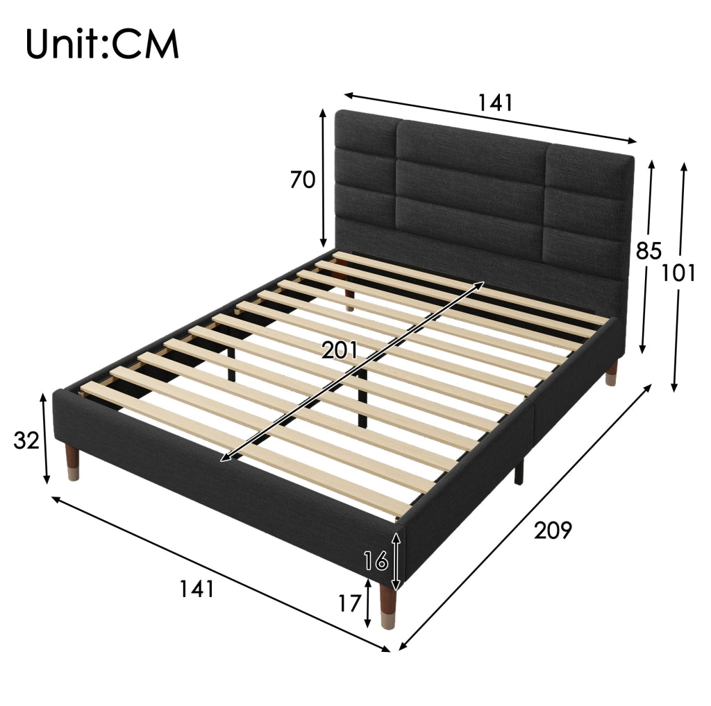 Letto imbottito 140x200 cm con testiera; lino nero; rete a doghe