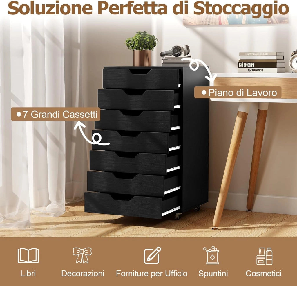 Cassettiera da Ufficio con 7 Cassetti, Mobiletto per Documenti con 4 Ruote Girevoli, Cassettiera da Scrivania in Legno per Ufficio e Soggiorno, 49 x 40 x 87 cm (Nero)