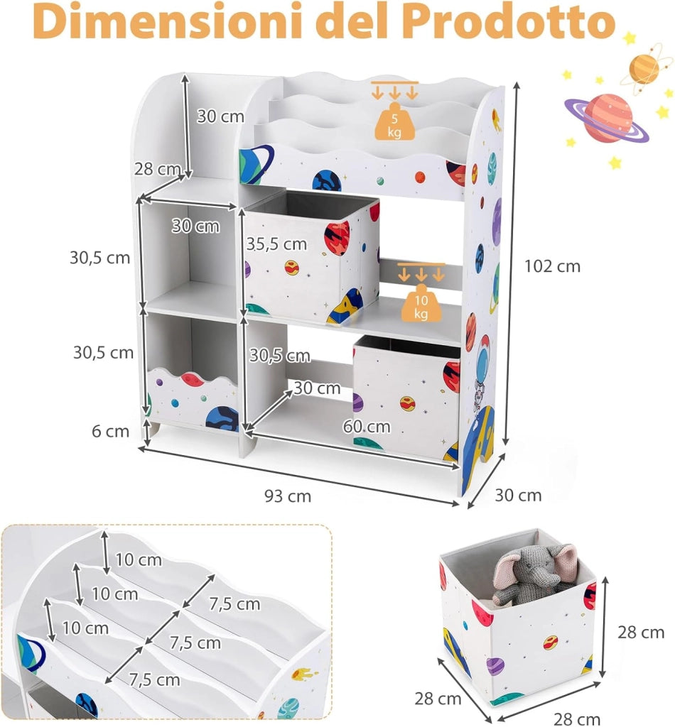 Armadio per Bambini, Scaffale di Legno con 3 Livelli e 5 Scompartimenti, 2 Cassetti in Tessuto e 3 Spazi per Giocattoli e Libri, Scaffale Verticale per Bambini, Bianco (Astronauta)