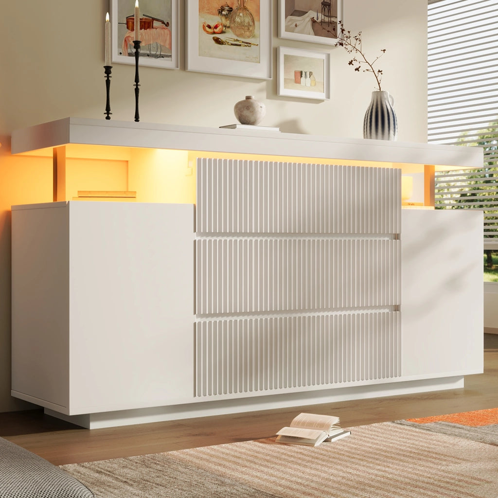 CREDENZA LED 150x40x78 cm Bianca in MDF e Metallo, 6 Cassetti e 2 Ante