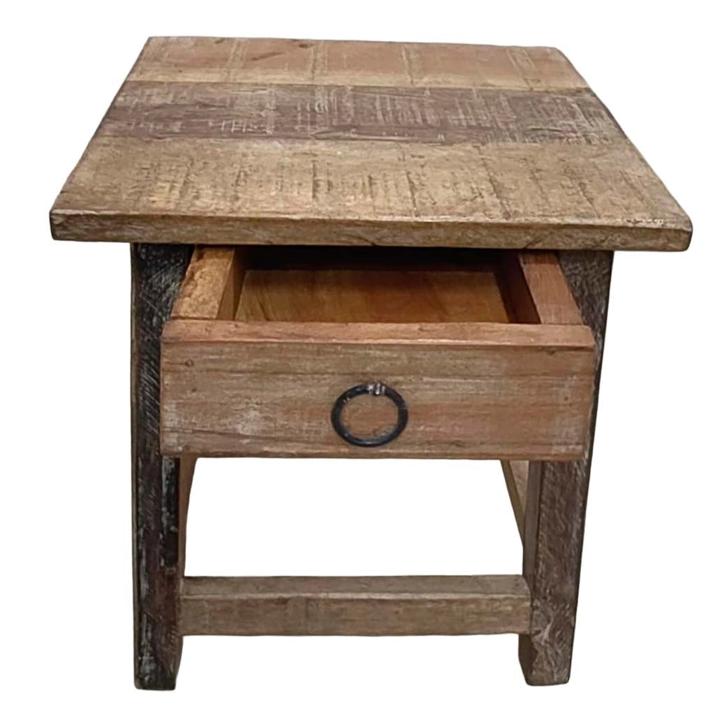 Sgabello con cassetto in legno con finitura artigianale marrone 25x25x29 h cm