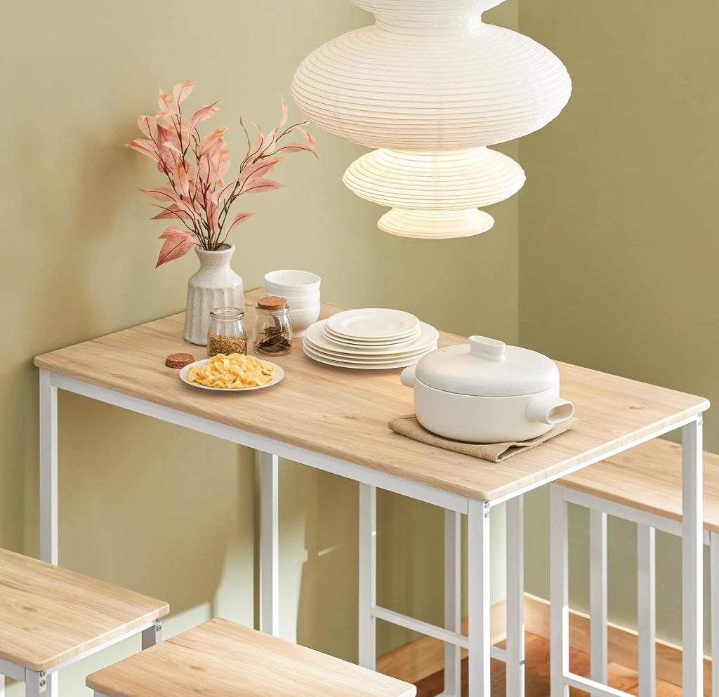 Penisola da Cucina con 4 Sgabelli Tavolo da Bar Alto con Set da 5 Pezzi per Cucina e Sala da Pranzo, Salvaspazio per Cucine Piccole, Balcone o Giardino Finitura Legno 100x60x96 cm OGT15‑WN