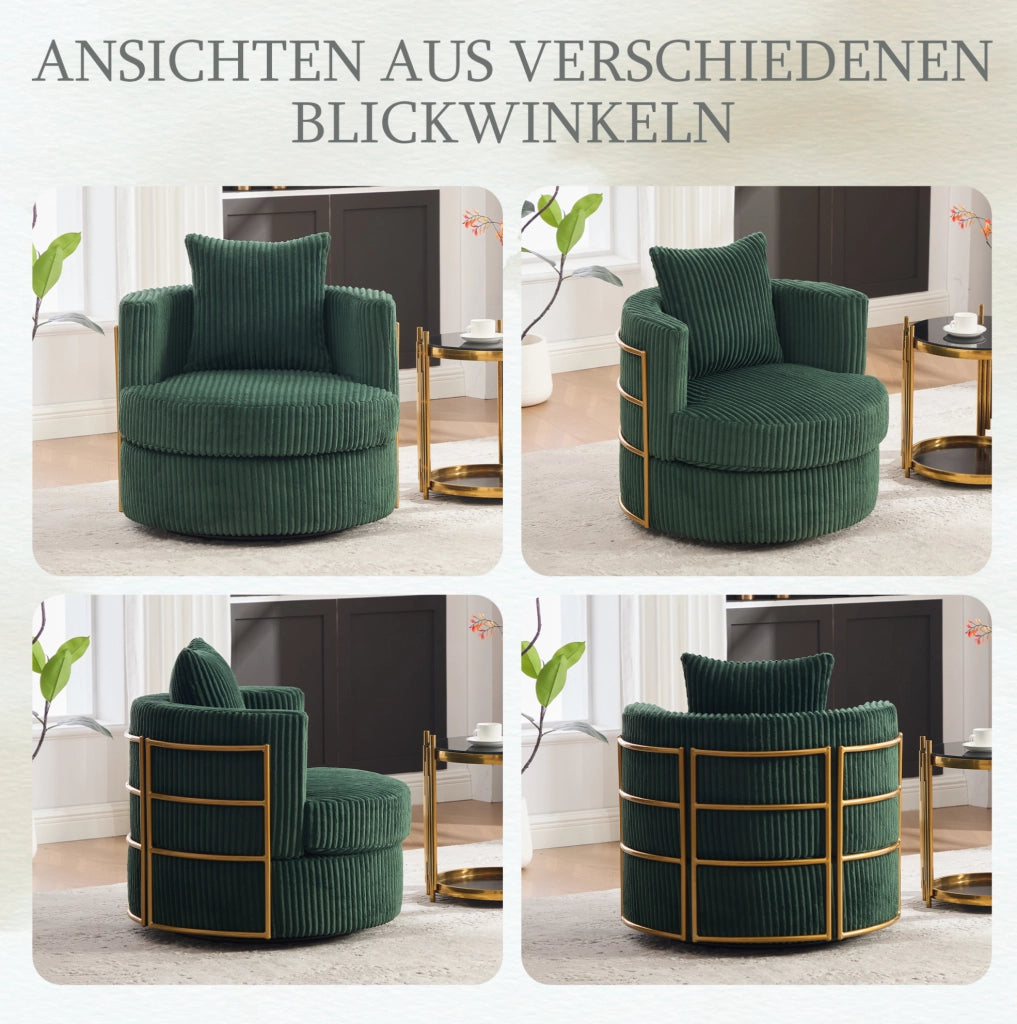 Poltrona girevole 360° in corduroy verde smeraldo con vano contenitore; 76x79x78 cm