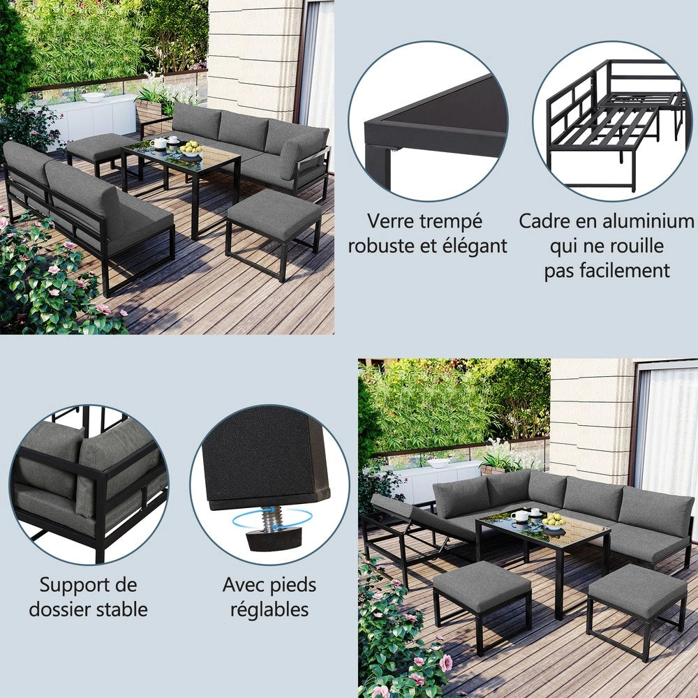 Set da giardino con poltrone reclinabili - Zephmum- Aluminio, schienale regolabile 4 posizioni, cuscini morbidi, grigio