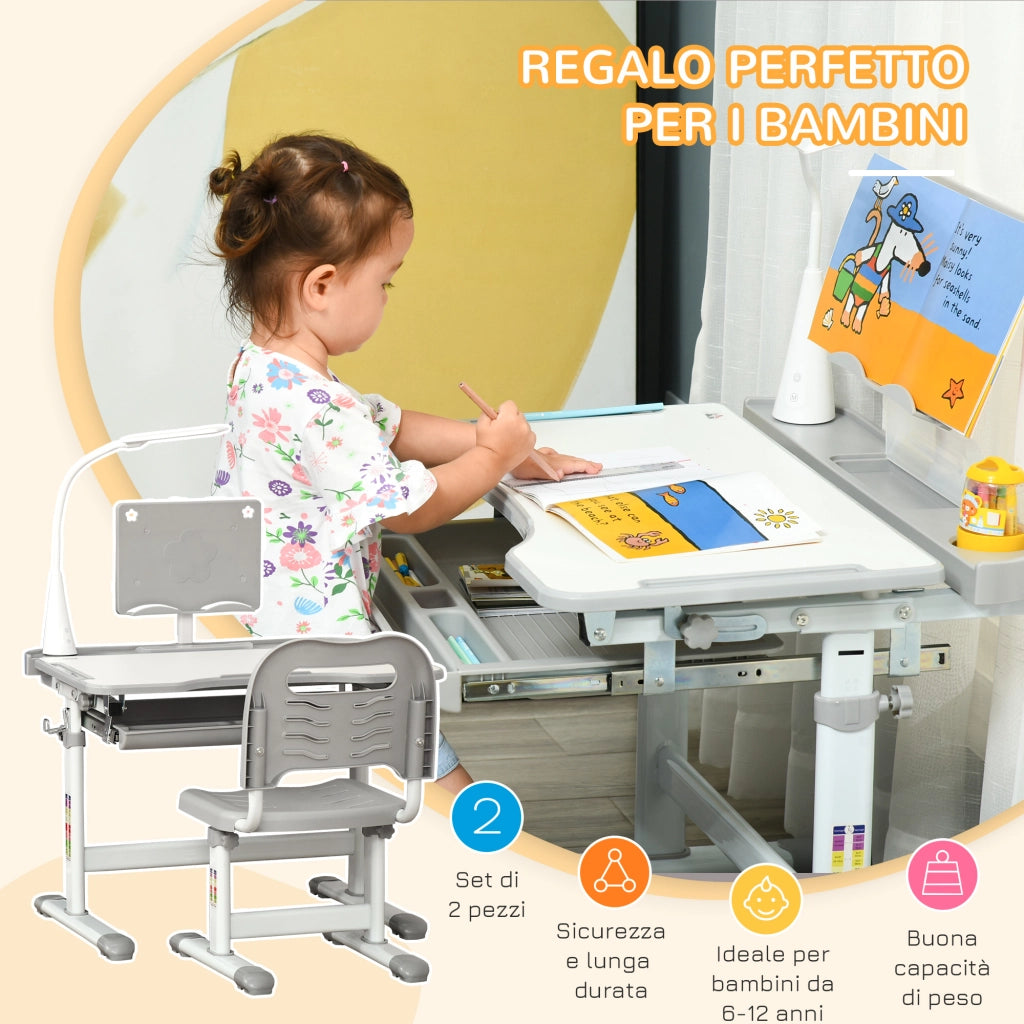 EasyComfort Banco Scuola con Sedia per Bambini 6-12 Anni con Altezza e Inclinazione Regolabile, Grigio