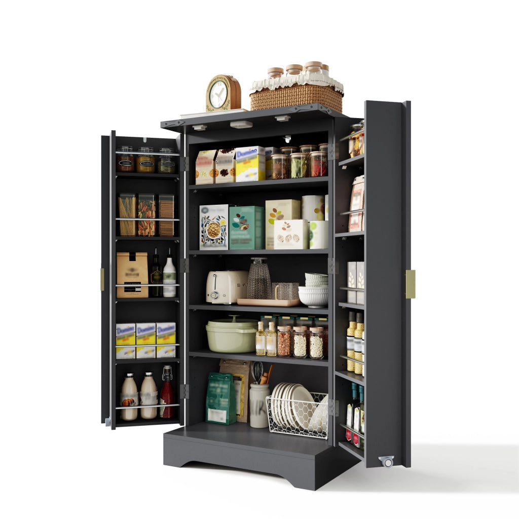 Dispensa alta con LED e ripiani regolabili con 2 ante e vani per cucina e soggiorno in MDF nero 120 × 60,5 × 40 cm
