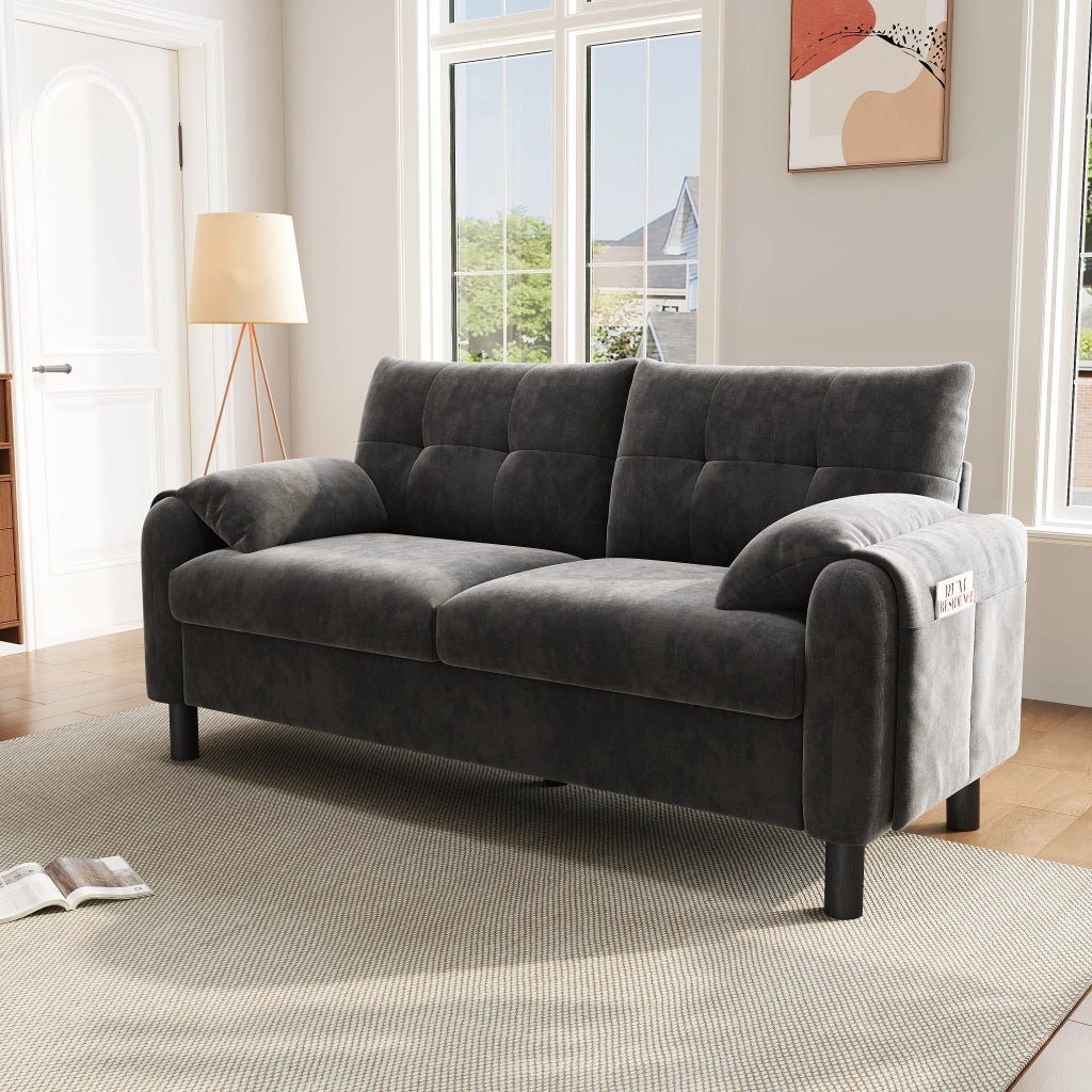 Divano lineare 2 posti - con tasche laterali e cuscini - in chenille grigio