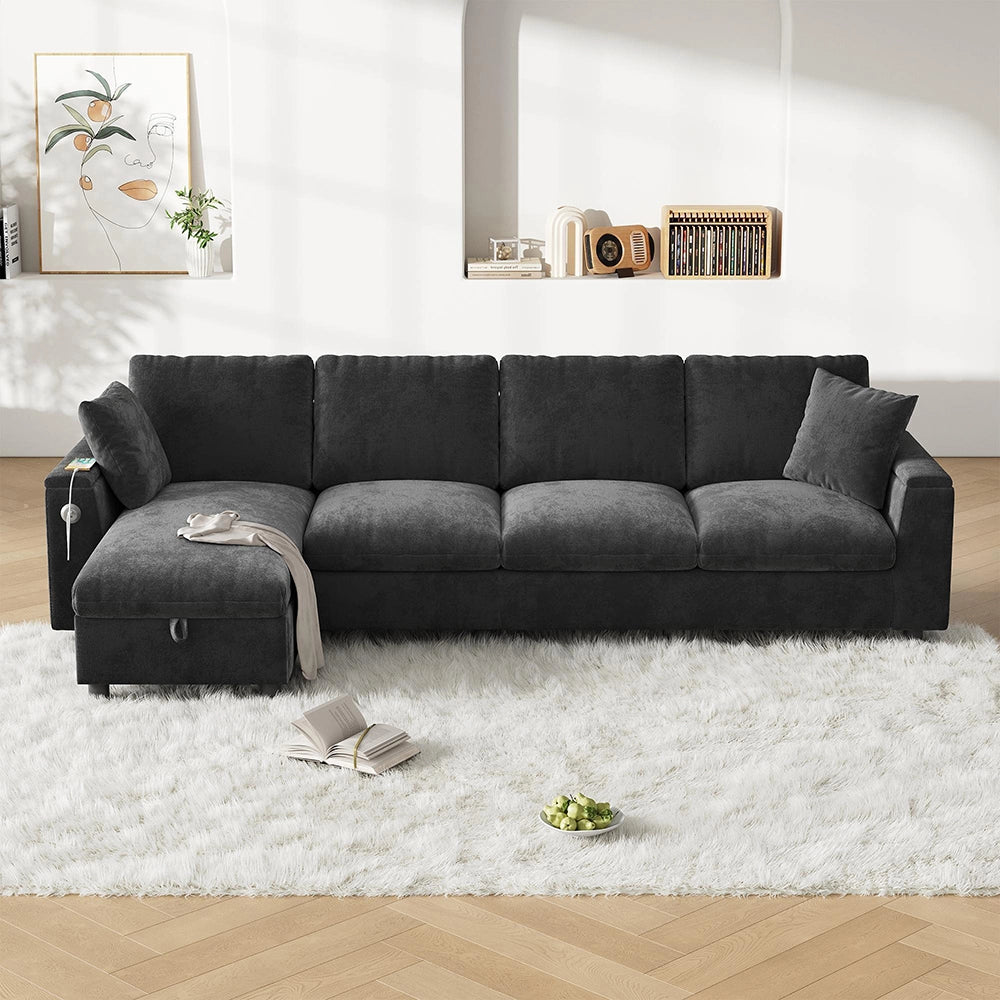 Divano angolare in L - Xylo - Chenille, USB-C, tavolo ribaltabile, grigio