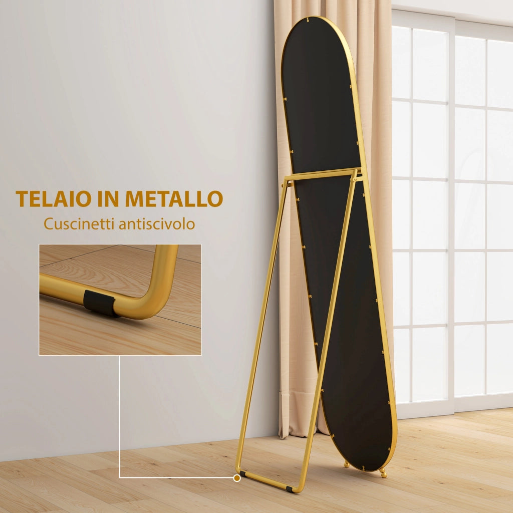 Specchio a Figura Intera da Terra 50x4x180 cm con Supporto Pieghevole in Vetro e Metallo Oro