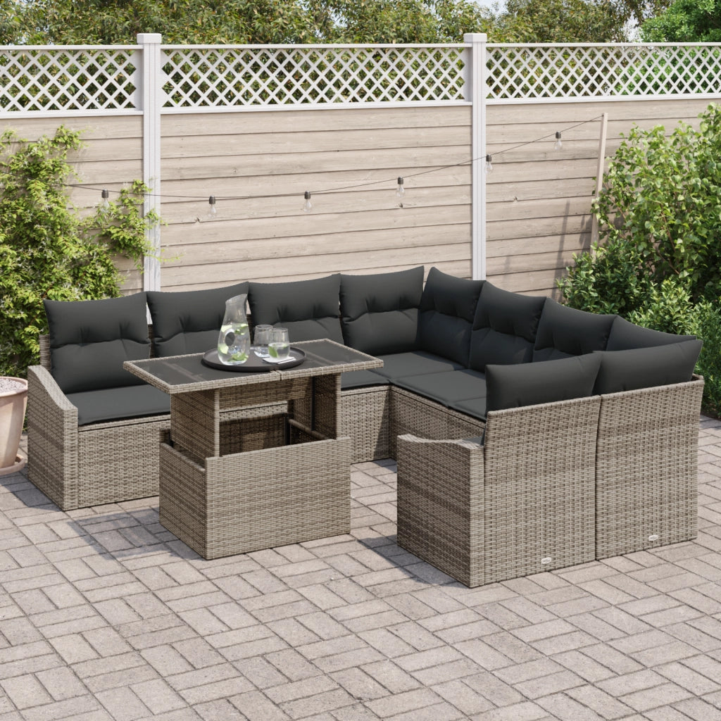 Set Divano Giardino 9 Pezzi con Cuscini Grigio Polyrattan