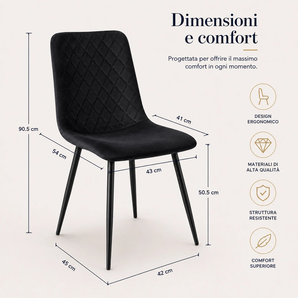 Set 4 Sedie Nero con Rivestimento in Velluto e Piedi Neri Seduta Ergonomica