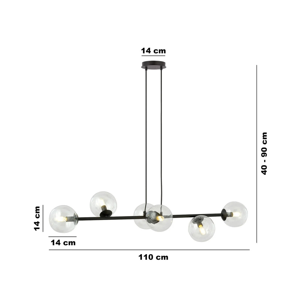 Lampadario Contemporaneo 6 Luci Durga In Acciaio Nero E Sfere Vetro Trasparente