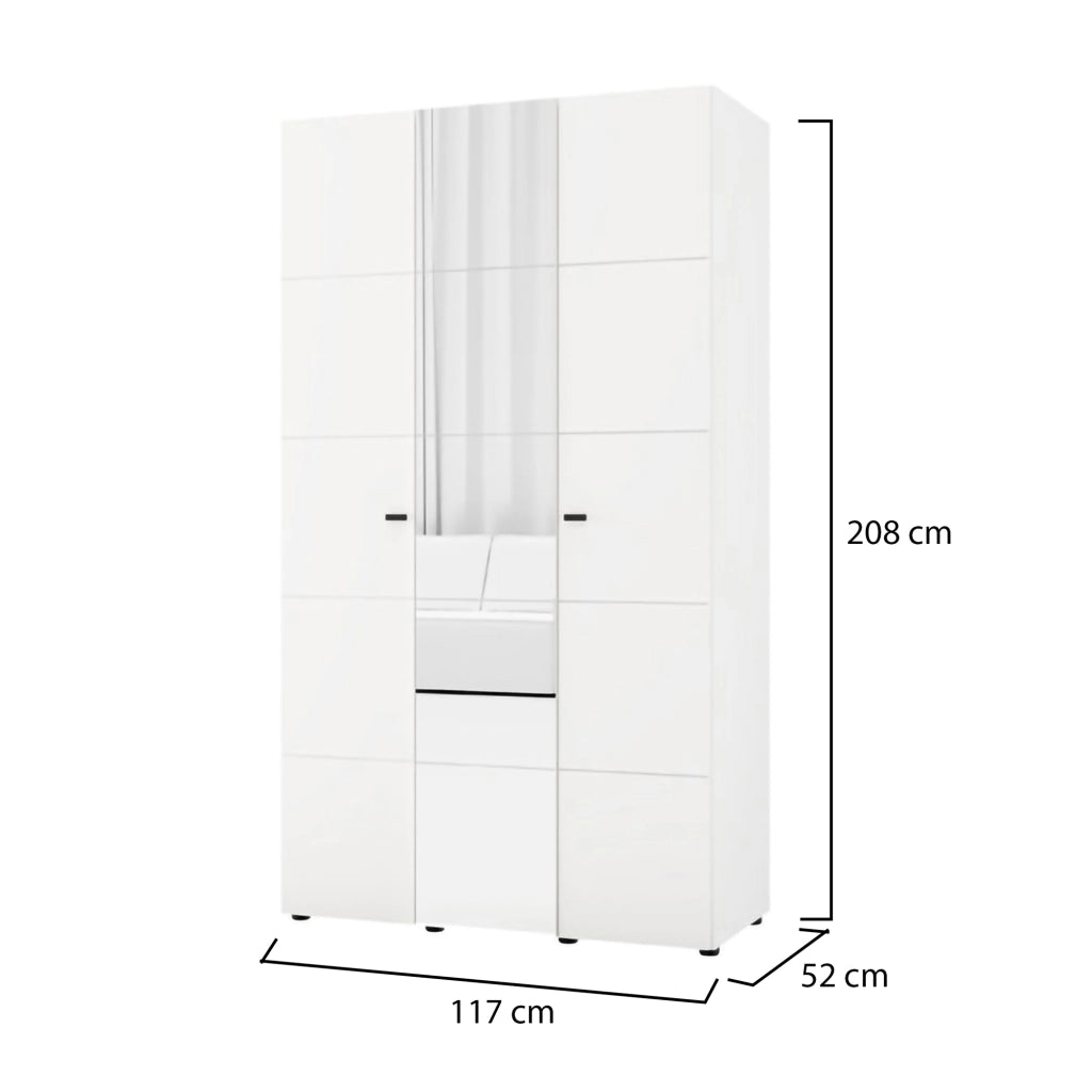 Armadio Camera da Letto Ouarza, Guardaroba 3 Ante Appendiabiti, 117x52 cm Bianco Opaco