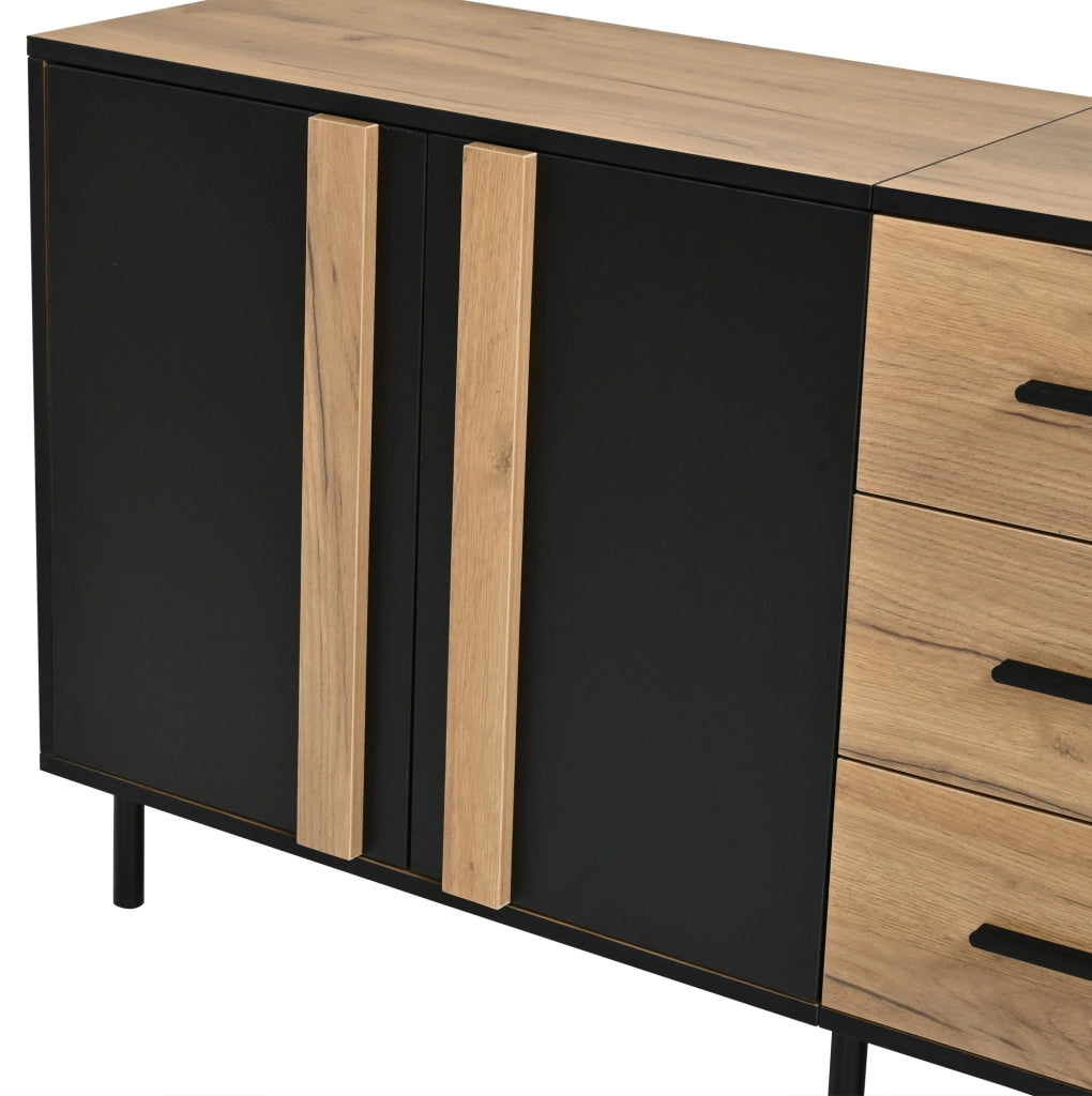 Credenza in MDF 140x35x70 cm con 3 ante; 3 cassetti e 6 gambe in metallo; nera