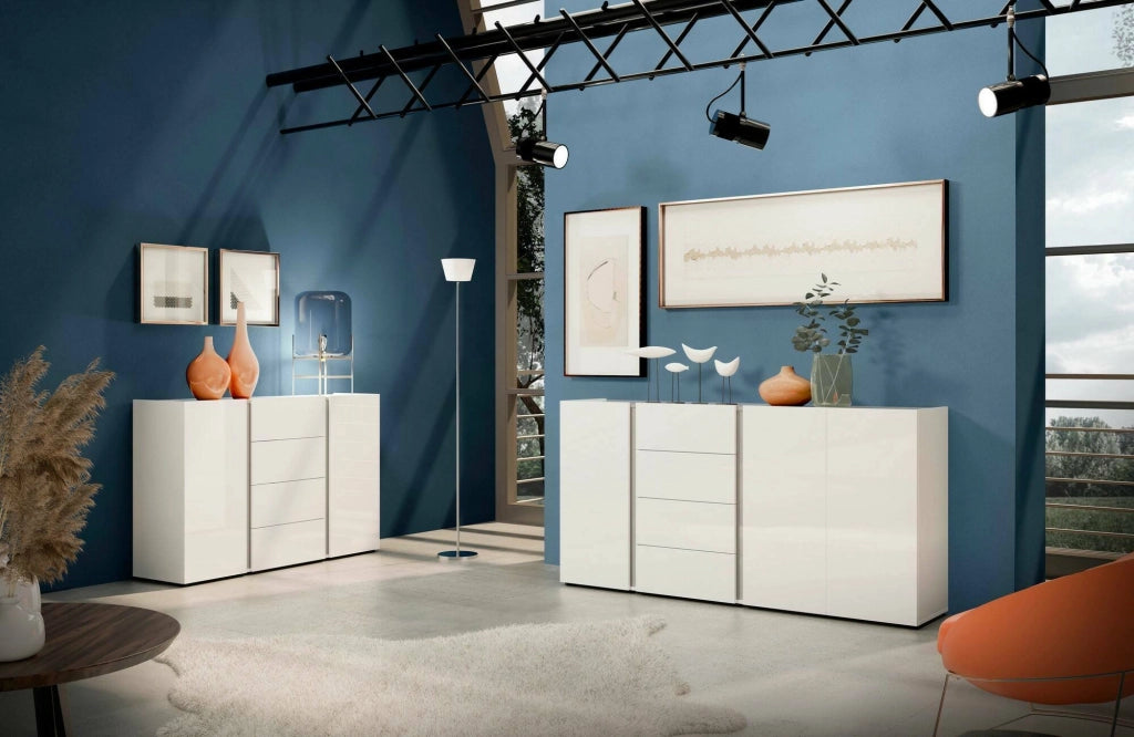 Credenza Ernesta, Buffet da soggiorno, Madia da salotto, Dispensa da cucina, Made in Italy, 140x38h92 cm, Bianco lucido e Antracite