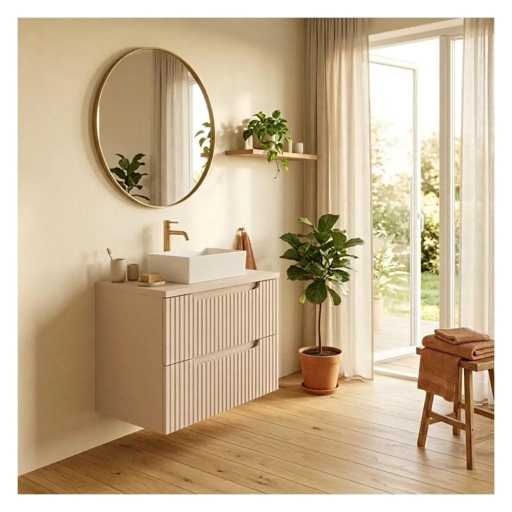 Set VANO cashmere opaco 50cm: mobile sottolavabo con cassetti + piano per lavabo + lavabo rettangolare da appoggio bianco