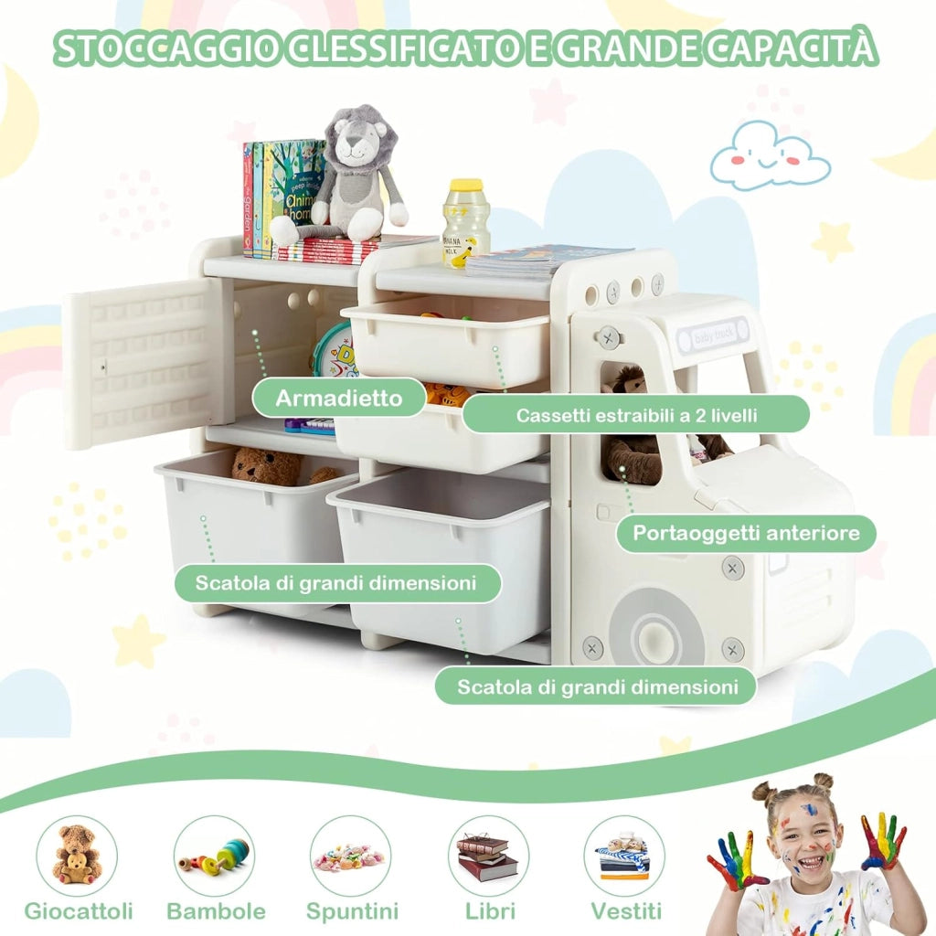 Organizer per Giocattoli con Scatole per Bambini, Scaffale Multilivello a Forma di Camion, Scaffale per Giocattoli con 2 Livelli e 4 Scompartimenti per Bambini (Grigio)