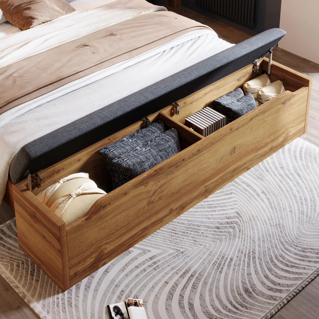 OKWISH Letto Contenitore 160×200 cm, Letto Matrimoniale con Lampade da Lettura, USB, 2 Comodini e Panca Contenitore, senza Materasso