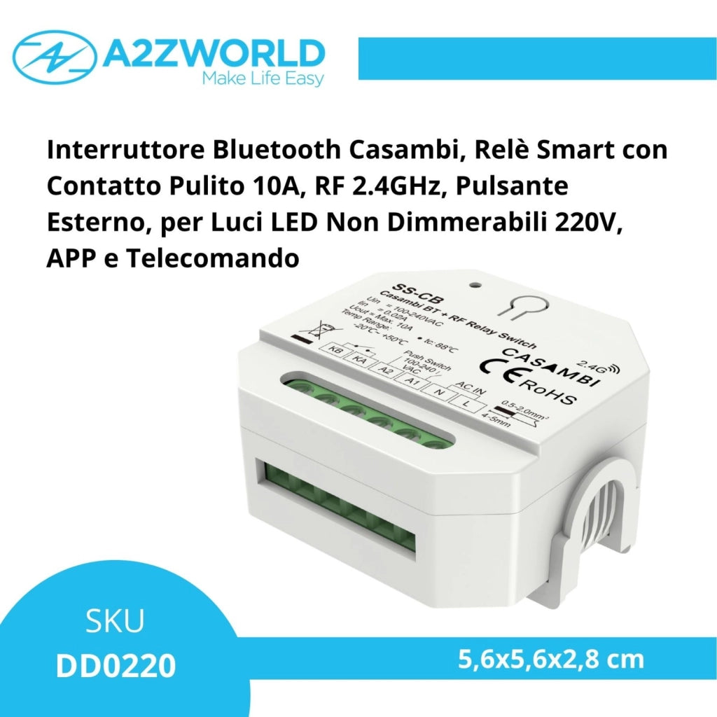 Interruttore Bluetooth Casambi, Relè Smart con Contatto Pulito 10A, RF 2.4GHz, Pulsante Esterno, per Luci LED Non Dimmerabili 220V, APP e Telecomando