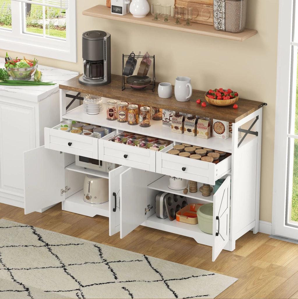 Credenza buffet 140 cm con 3 cassetti e 2 ante; mobile contenitore rustico in MDF; bianco e marrone