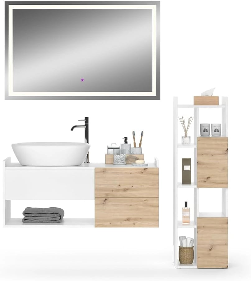 Set di mobili da bagno Alf, Bianco, 105 cm, composto da mobile sottolavabo, specchiera e colonna alta