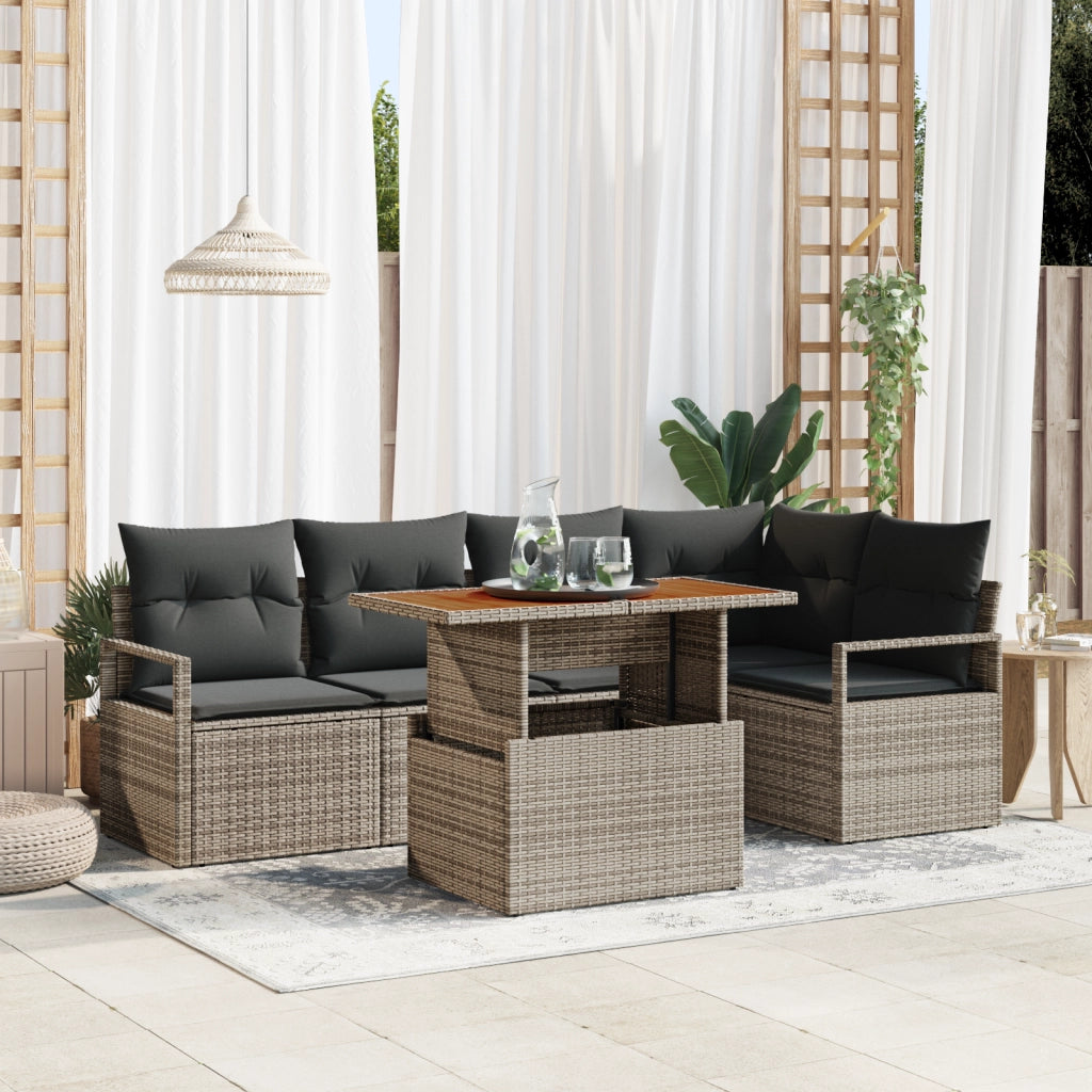 Set Divano da Giardino  6 Pezzi con Cuscini Grigio Polyrattan Acacia