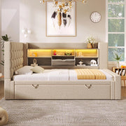Letto imbottito con letto a scomparsa - Xylo - 90x200 cm - Beige - LED, testiera a L con spazio di archiviazione