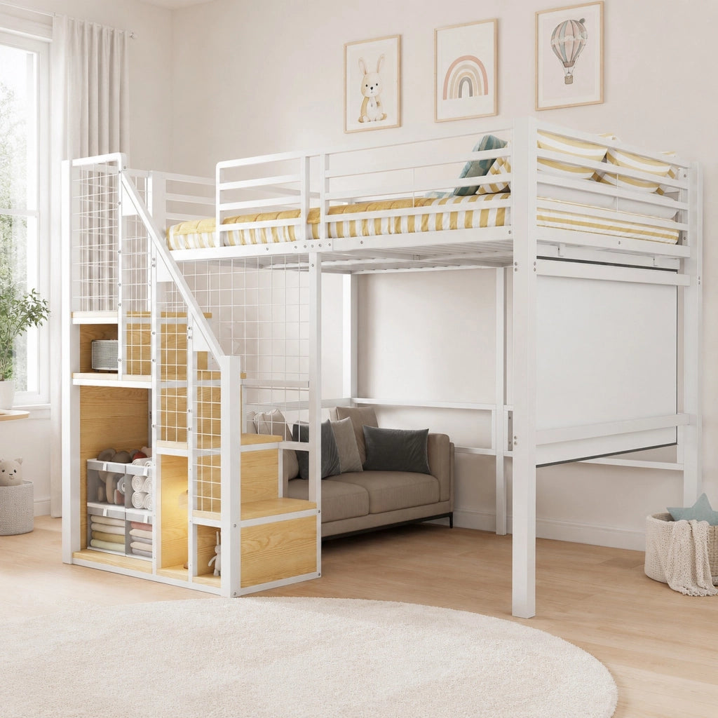 Letto a soppalco 140x200 cm con scala e vano guardaroba