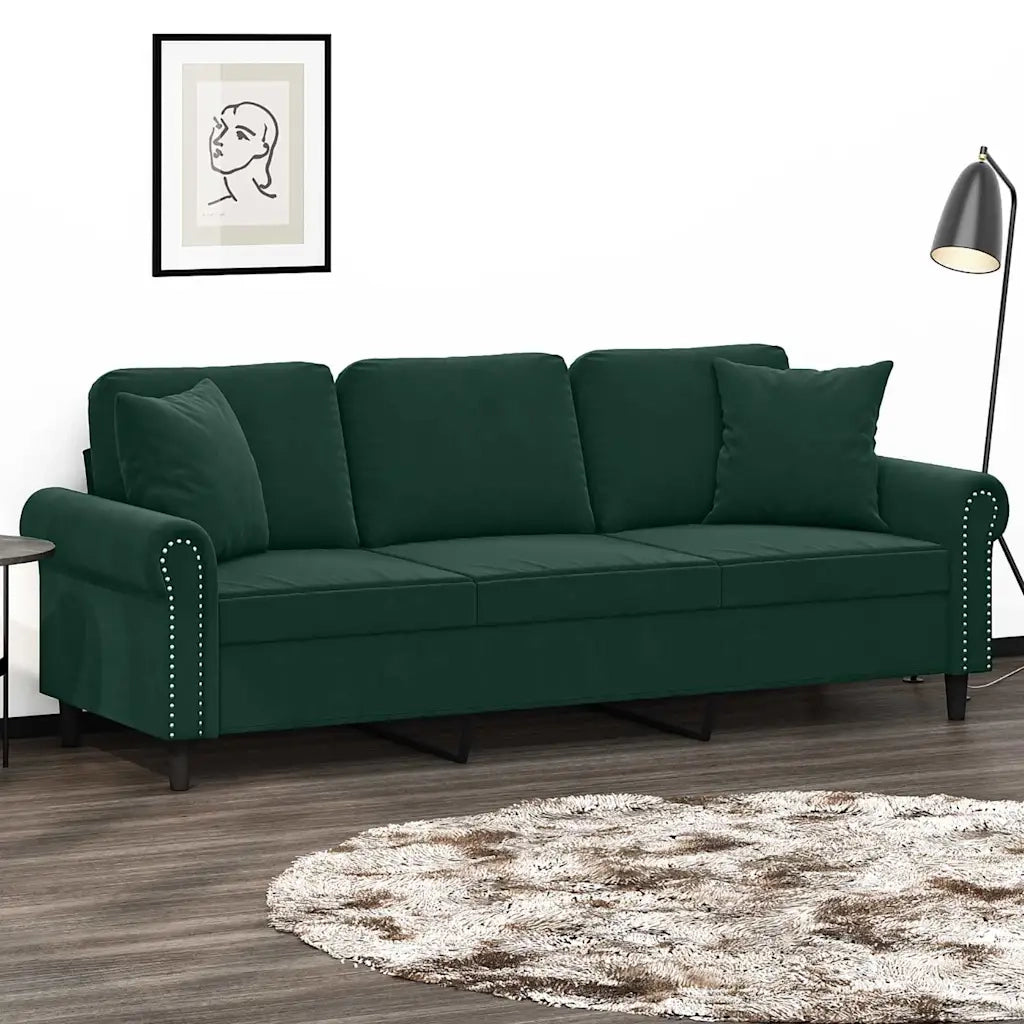 Divano a 3 Posti con Cuscini Verde Scuro 180 cm in Velluto